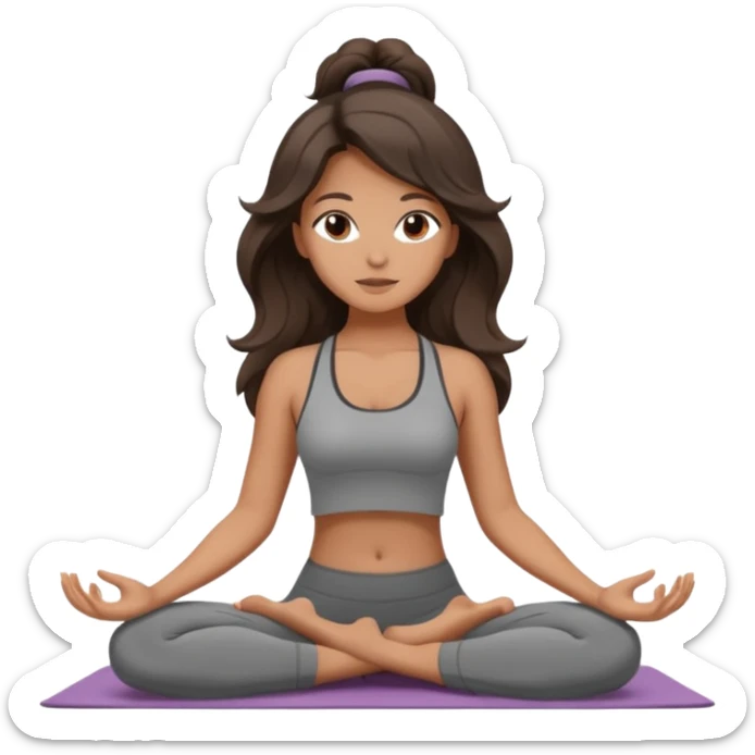 a brunette girl doing yoga, she is wearing a grey fit and she has dark wavy and loose hair.  sticker