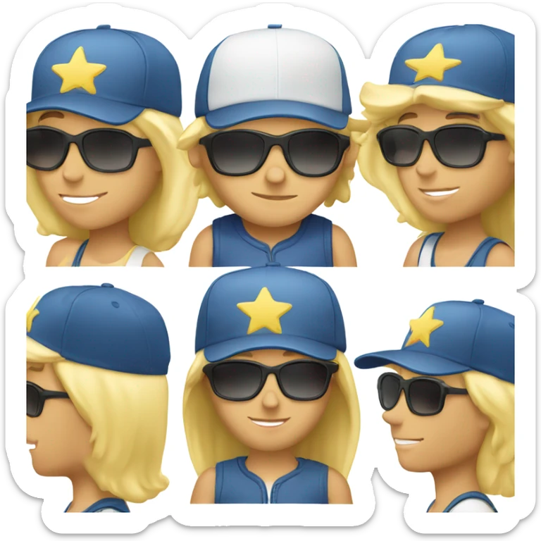 A Caucasian blonde male wearing a baseball cap wearing star sunglasses sticker