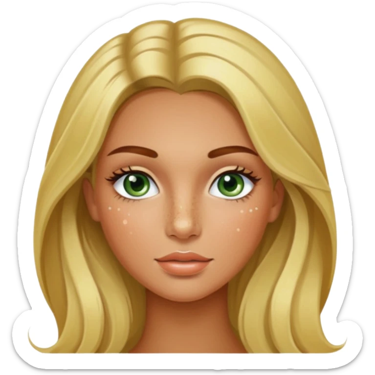 miss universe tanned girl with very long blonde brown hair and green brown eyes and freckles along her nose and cheeks and long eyelashes sticker
