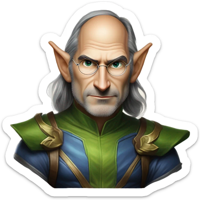 Warcraft elf award winning Steve Jobs in Marvel Avengers style, oil paint, mysterious eyes, intricate lips, masterpiece pose, odd perspective, beautiful, desirable, logical sticker