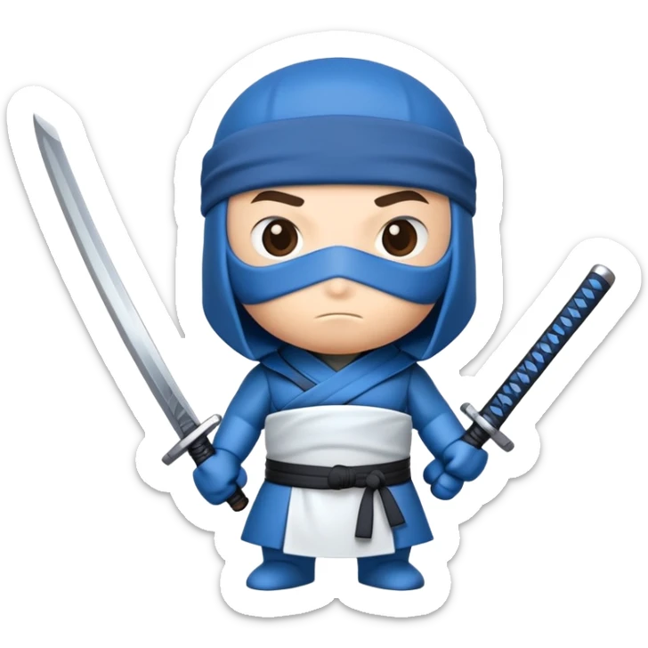 A cartoon to-go coffee cup with a blue ninja headband around the lid and holding a katana sword sticker