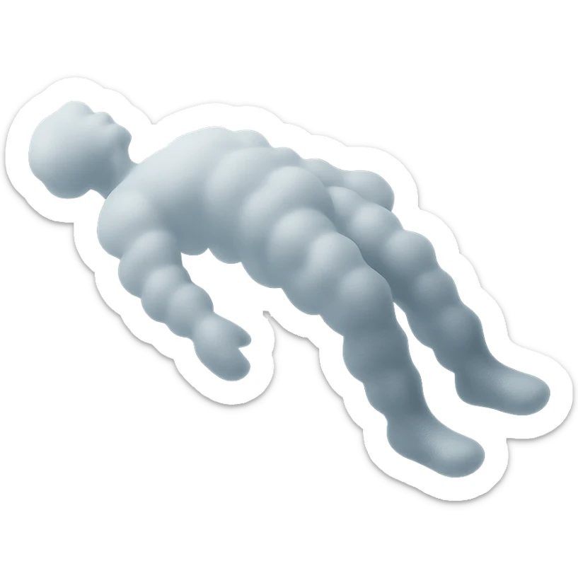 side view of unconscious person flying with torso upwards, legs and arms downwards, made of small very bright white fluffy convex clouds, matte glass style sticker