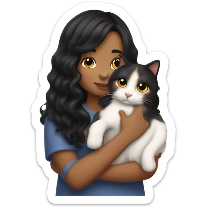 TAN SKIN GIRL with long black wavy hair and bangs HUGGING HER CALICO CAT  sticker