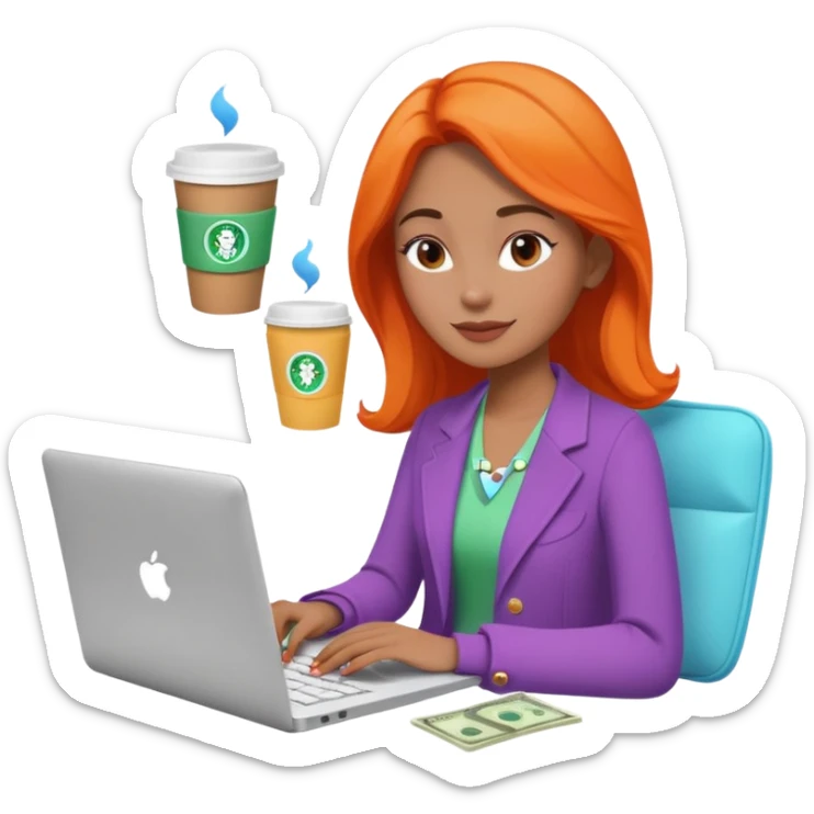 3D clay woman character relaxed with laptop and coffee in Paris, floating icons (dollars), colofrful modern outfit, white laptop, Pixar style, transparent background sticker