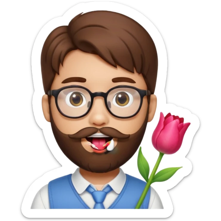Brown hair guy and a heart shaped eyes with his tongue out with a beard and glasses with a hello kitty and a tulip in his hand   sticker