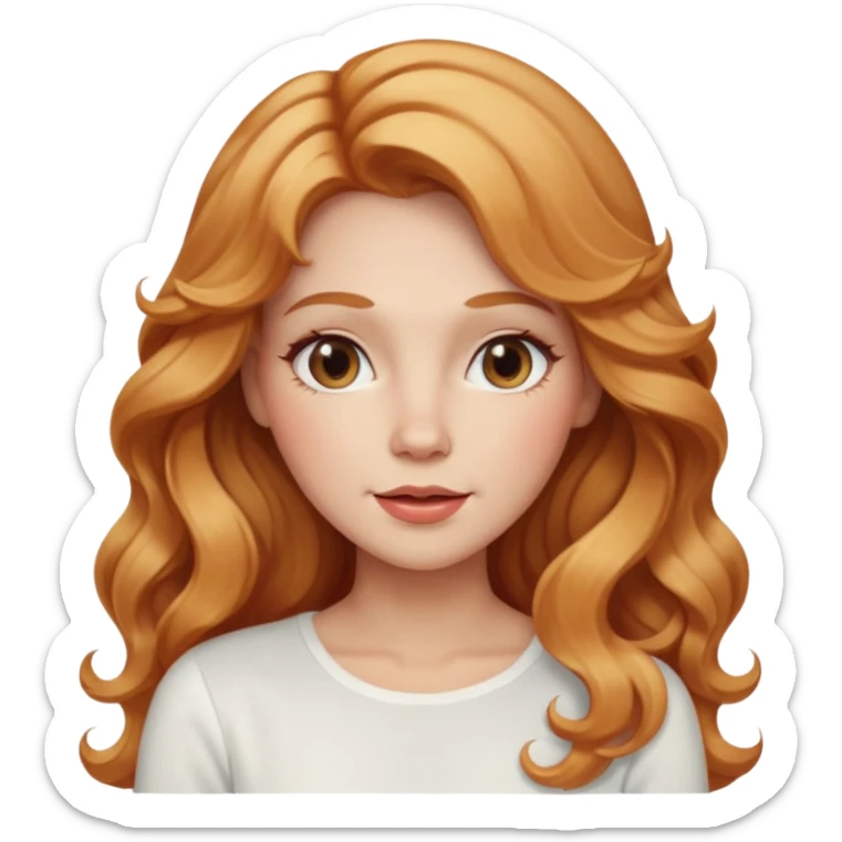 white adult woman with strawberry blonde super long wavy hair, white top, blushed cheeks sticker
