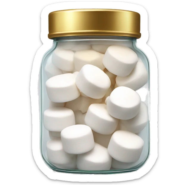 Realistic marshmallows in a glass jar with a gold screw on lid on the top. sticker