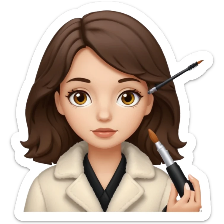 Garota branca de cabelos levemente ondulados castanhos escuros médio aplicando máscara de cílios, ela veste casaco off white estilo cozy sticker