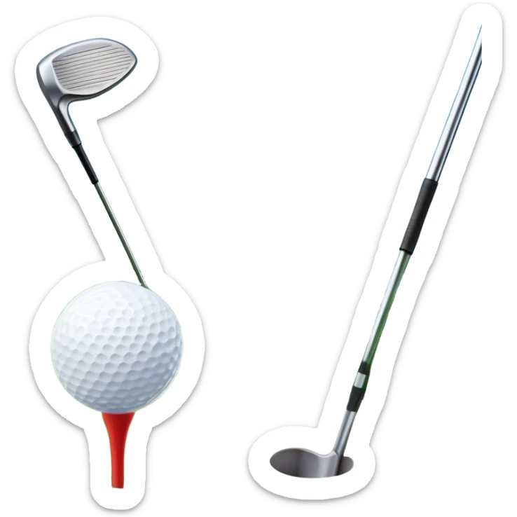 A golf ball on a tee, with a golf club placed beside it on the lush green fairway. The background shows a serene golf course with neatly trimmed grass and a clear blue sky, emphasizing the elegance and precision of the game. sticker