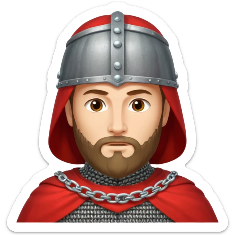 Russian prince Alexander Nevsky in chain mail and with red mantle and with Rus helmet and beard sticker