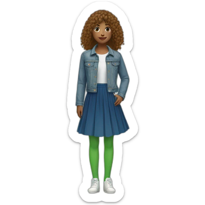 Girl with bangs and tail, in blue denim jacket, white T-shirt, green tights and elongated blue chiffon skirt sticker