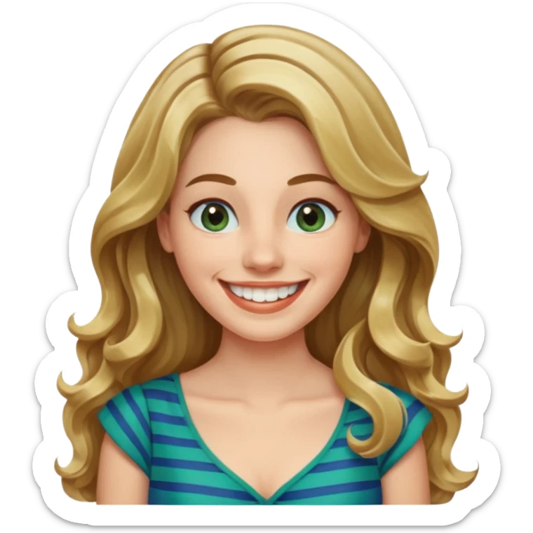 30 yr Caucasian woman long brown wavy hair parted on side blond stripe in hair blue green dress ,big smile white teeth, dimples sticker