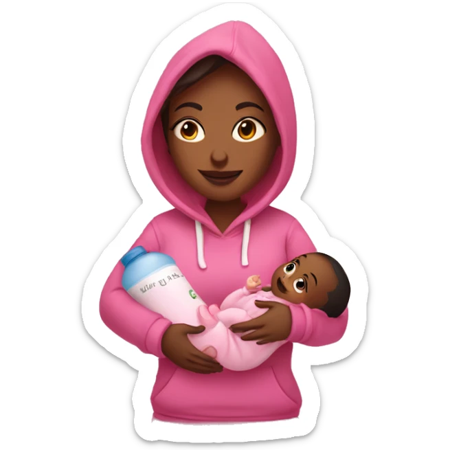 A woman holds a baby in her arms, in her other hand a bottle with a mixture in a pink hoodie with the inscription “ANA” sticker