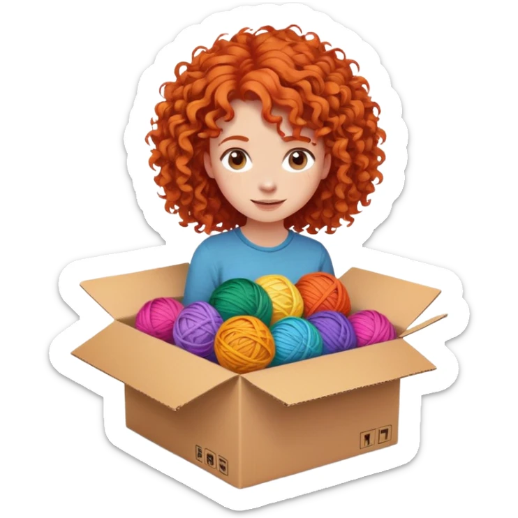 A curly-haired redhead girl gets out of a cardboard box. There are multicolored balls of yarn all around sticker