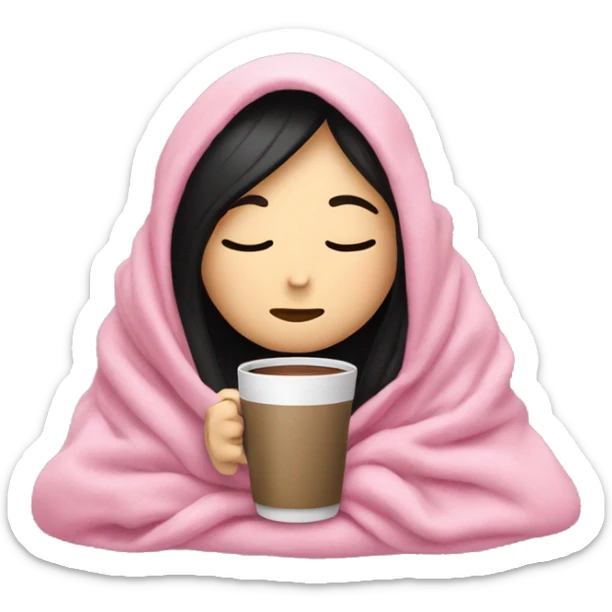 white girl with black straight hair inside a pink blanket sipping coffee eyes closed sticker