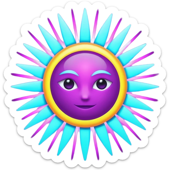Futuristic glowing sun emoji, neon rays, bright holographic purple and cyan glow, dark background, digital tech style sticker