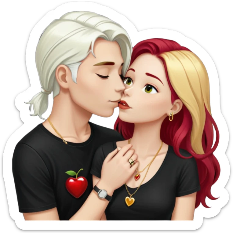 couple kissing, girl with long cherry red hair, blonde eyebrows, gold A necklace, boy with SHORT PURE WHITE HAIR (not blonde, not gray, but WHITE like snow), dark t-shirt, silver ring sticker