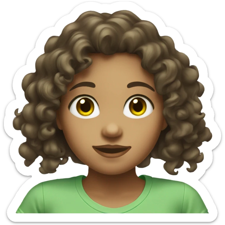 a pretty girl with curly dark brown hair, with green eyes and white t-shirt sticker