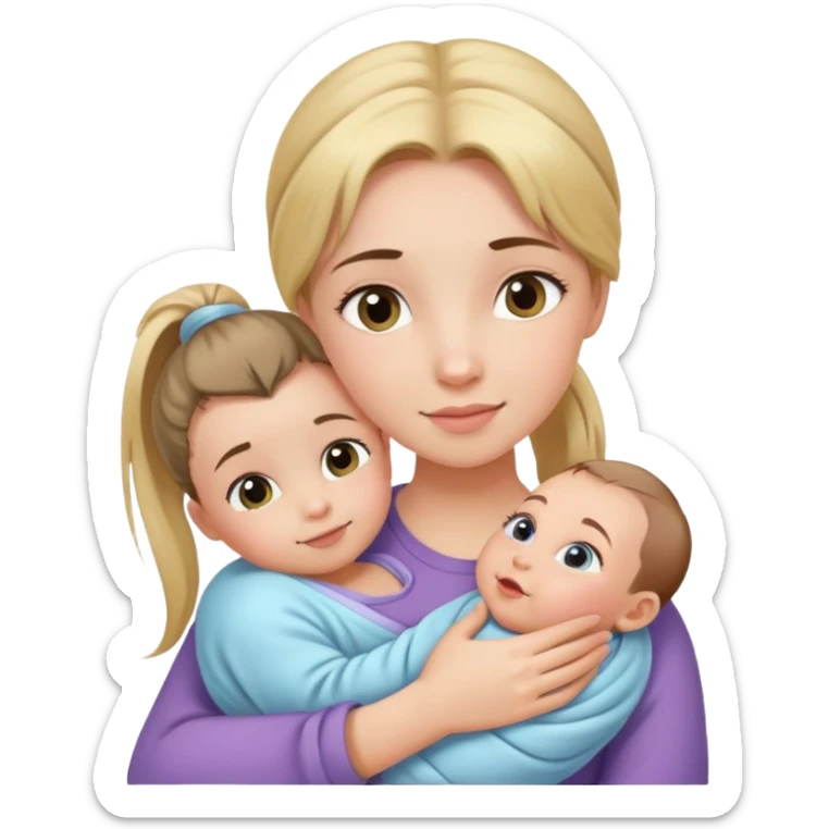 Ponytail girl hugs a newborn baby and a girl sticker