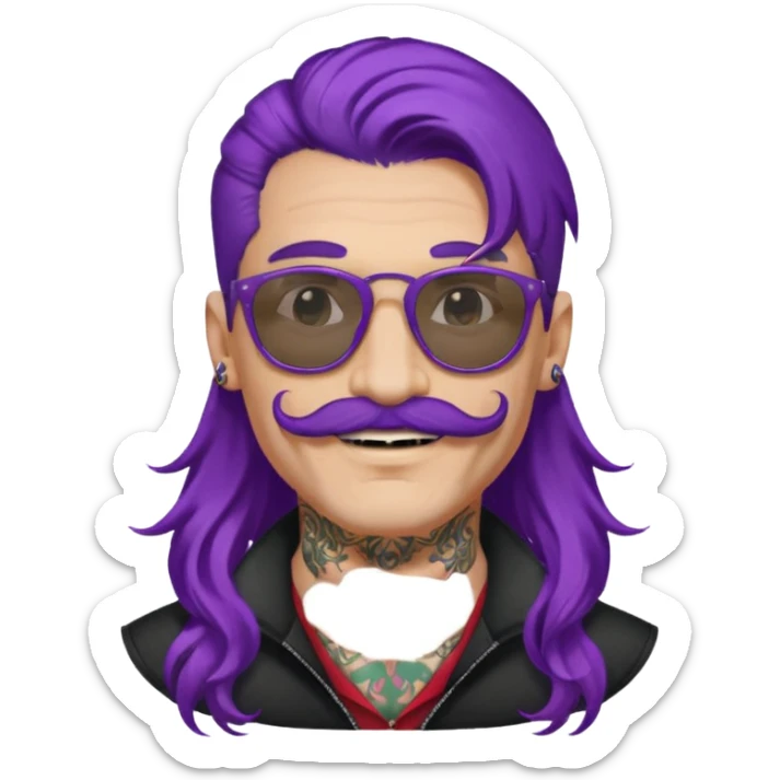  long purple haired man, mustached and face tattoes, handsome, sunglassess wearing sticker