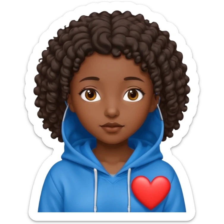 dark skin girl with short dark brown curly hair wearing a blue hoodie with a heart and Jesus symbol sticker