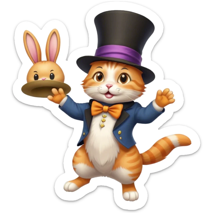 Orange tabby cat what a magician hat on making a bunny hop out of his hat sticker