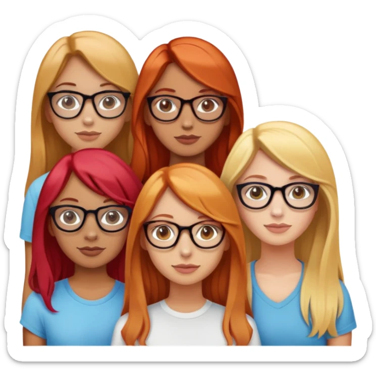 friendgroup of four girls. One of them with red straight hair and light skin. The second girl with tanned skin and long blonde hair. The third girl with long wavy hair and light skin. The fourth girl with glasses and medium length hair and also light skinned sticker
