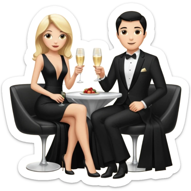 Blonde woman, black, Long, tight, sleveless Dress, Slot left Leg, man, DARK Hair, in Dinner jacket, Background bedroom, drinking champaign sticker