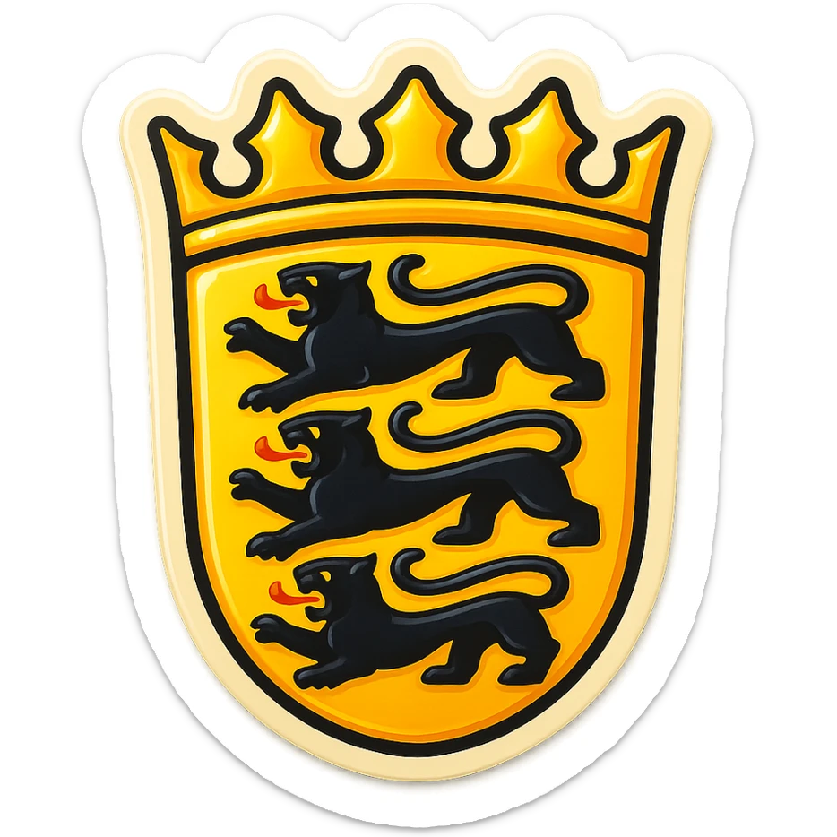 Create an emoji of the Baden-Württemberg coat of arms featuring three black lions and a crown. The style should be less cartoonish and match the retro stickers style of the first Berlin icon from the last batch. Use the official Baden-Württemberg flag as the background. No text included. sticker