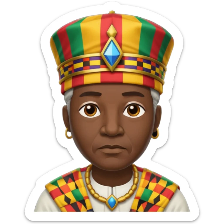 Create an emoji of an Old serious African king wearing kente cloth, white shirt and kufi hat sticker