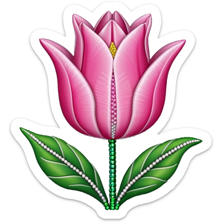 french beaded pink tulip flower with 2 leaves, handmade with glass beads, no background sticker