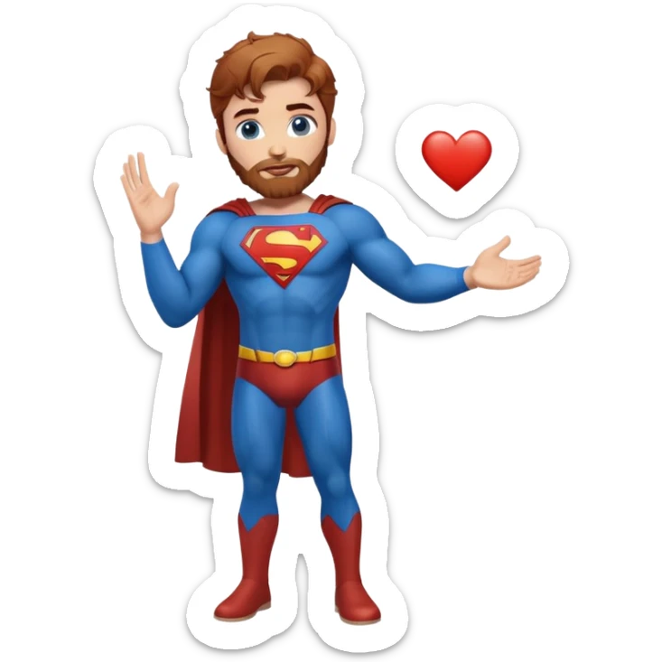 Adult-tall-full body- Superman-with redish brownish messy hair-full neatly trimmed beard-blue eyes-hand heart  sticker