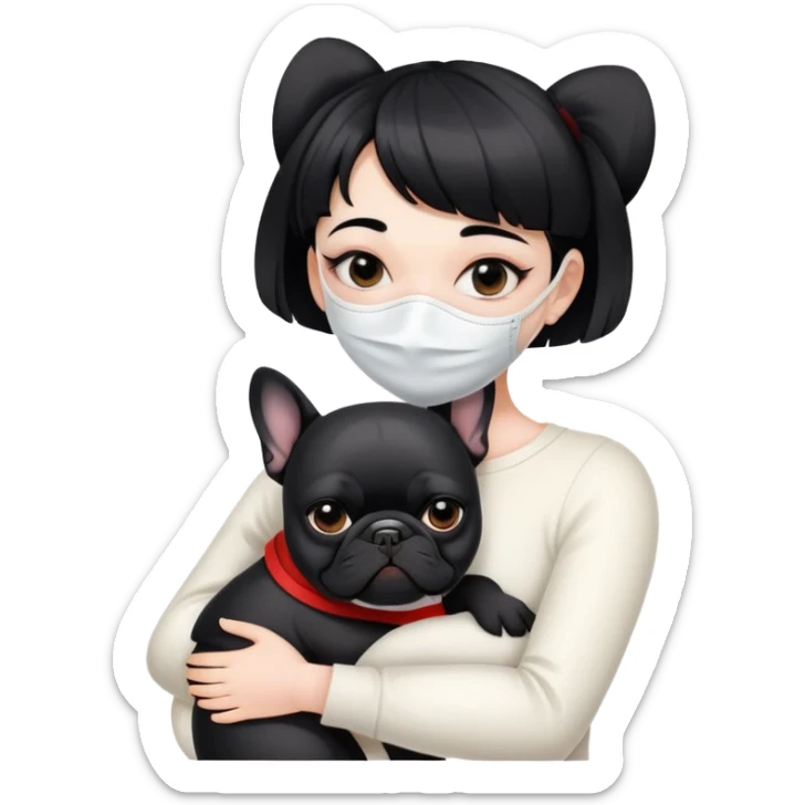 girl with short black straight bangs hair wearing a white mask and hugging a black French bulldog sticker
