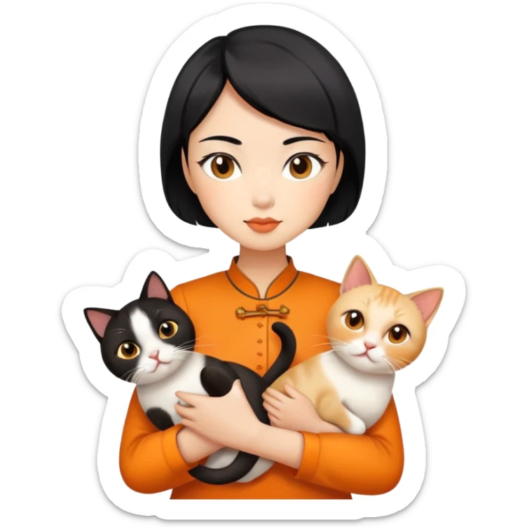 Chinese woman with short black hair holding two cats, one orange and one Siamese sticker