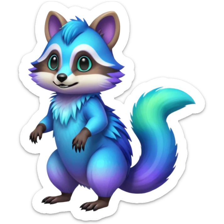 Iridescent Neon Green-Cyan-Blue-Purple-gradients Tanuki-Numbat-Sergal-fusion-hybrid-animal-creature, full body sticker