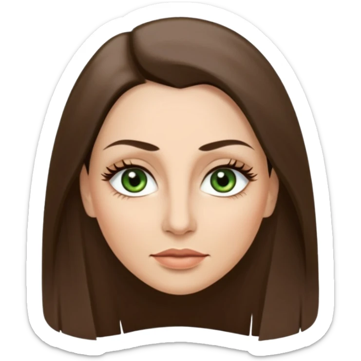 43. year old Adult woman avatar, light skin tone, long, oval face, long straight ashy brown hair, green almond-shaped eyes with dramatic eyelashes and minimal eyeliner, neutral mouth, medium straight eyebrows, small nose, smooth skin sticker
