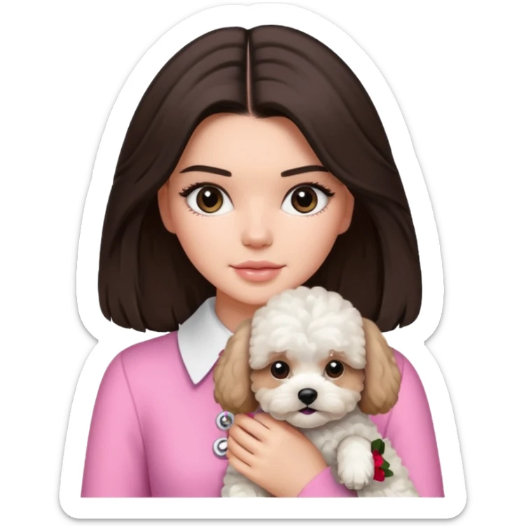 brunette Kendall Jenner with long hair holding on the hands white maltipoo wear on pink collar sticker