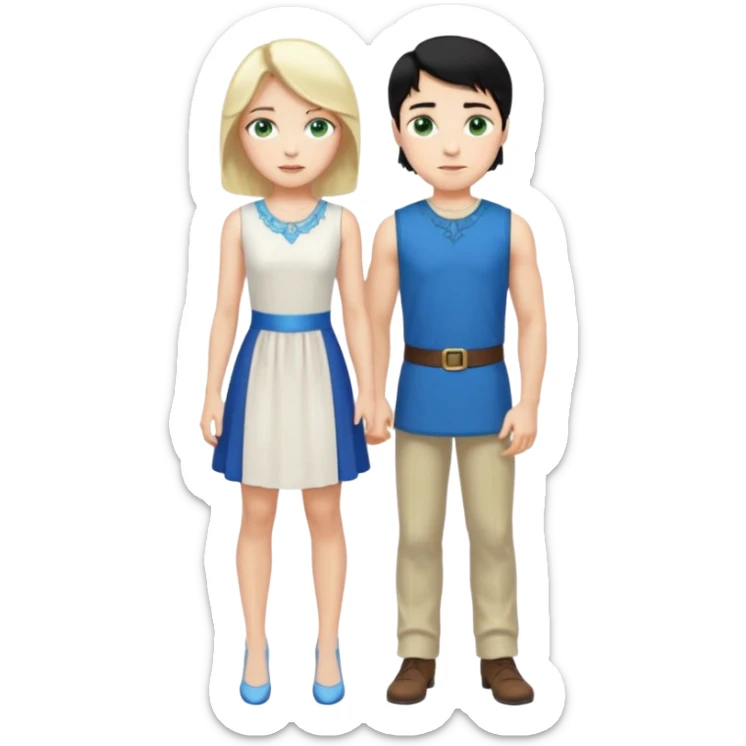 prince, standing upright, black Hair, blue eyes, garment,  woman, bending knee, sleveless white dress, blonde hair, green eyes, sticker