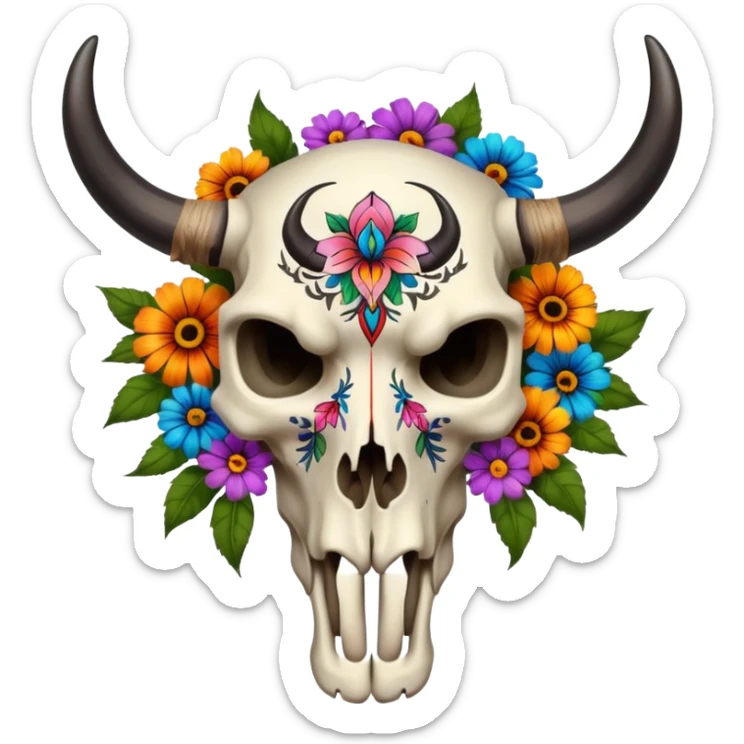 Aesthetic bull skull cranium with an asymmetrical arrangement of flowers, black painted tribal tattoo pattern markings  sticker