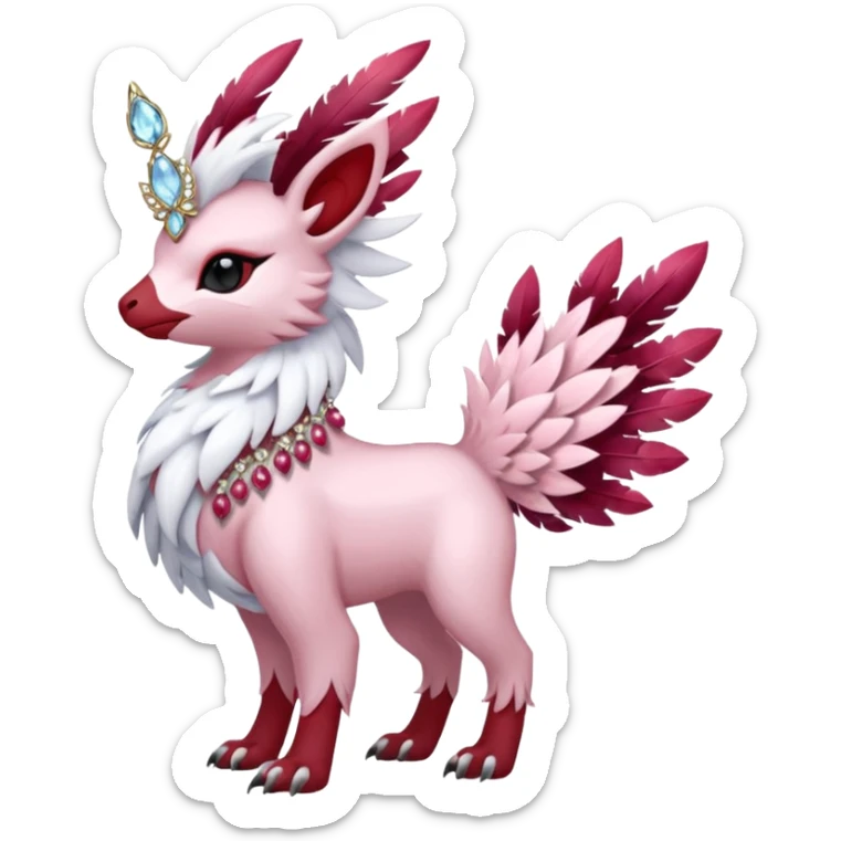 Floral feathery pastel pink and ruby-jewelry-adorned Absol-Amaura-fusion-Fakemon-animal-creature  sticker