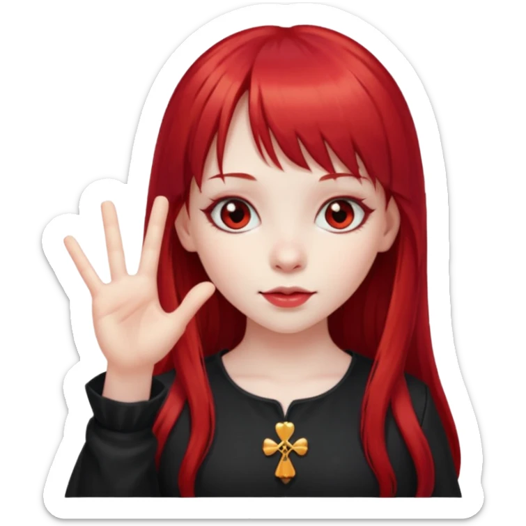 a gothic girl with long red hair and bangs holding a lucky sign sticker