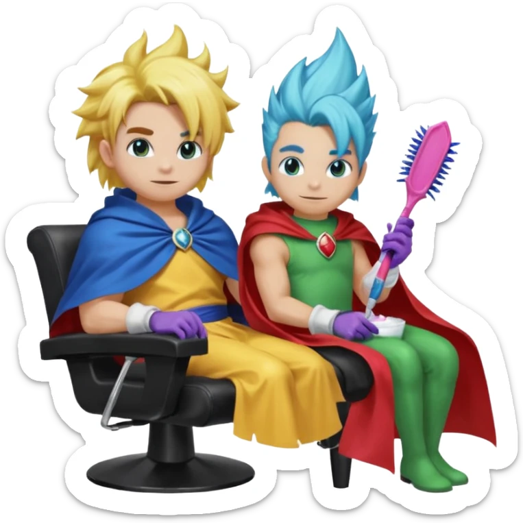 1 female koopaling behind a male koopaling, a female koopaling (🎀🩷👄🧿📿💍) wearing gloves and glopping the hair dye brush, A male koopaling (🧒🦷💙💚) sitting in the salon chair wearing a cape on his neck getting bleach on his hair sticker