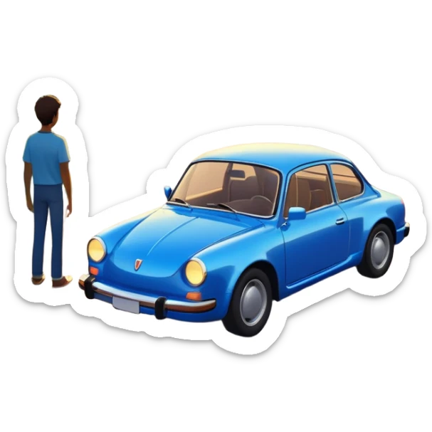 A parked blue car sits quietly on the side of an open road, facing a breathtaking sunset. Two people stand outside, backs turned, watching the horizon. The road stretches endlessly ahead, surrounded by a peaceful, glowing landscape full of light, warmth, and possibilit sticker
