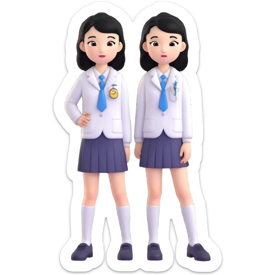 memoji of an Asian girl with black hair and white skin, wearing a white school uniform sticker