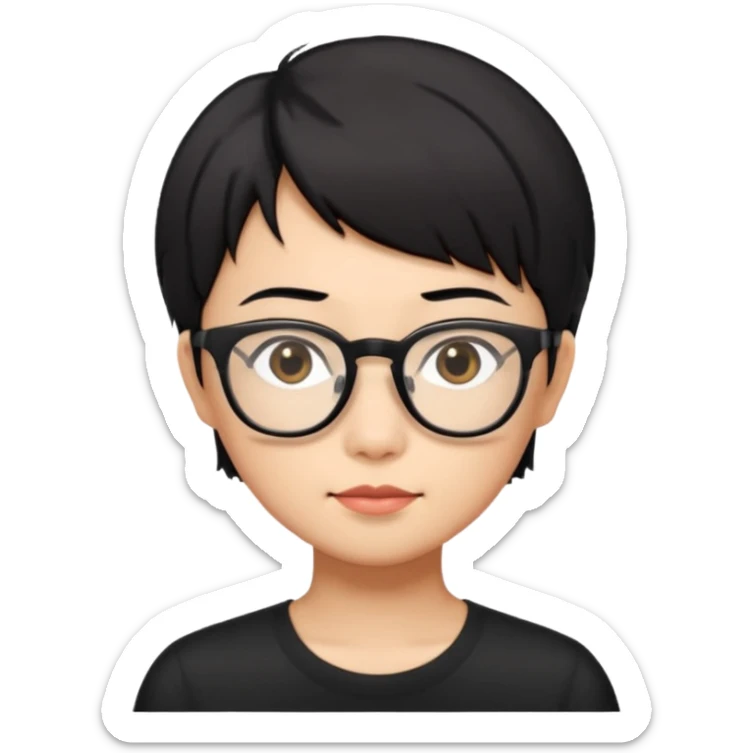 singapore chinese, black short hair, wear black frame glasses, relatively thin, pokey face sticker