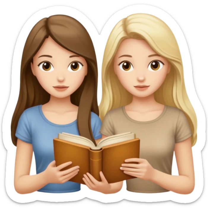 two beautiful girls in beige tops reading a beautiful vintage book. one brunette, the other blonde. both with long hair with and beige T-shirt  sticker