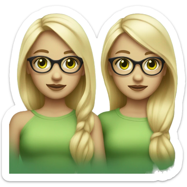 Blonde hair green eye twin girls one with glasses one without sticker