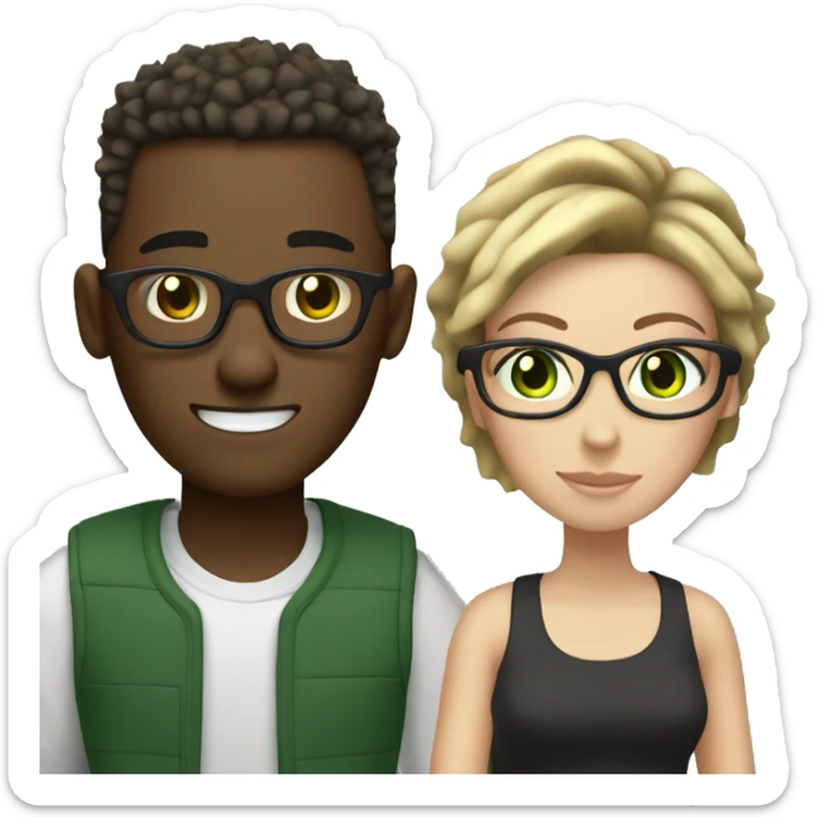 black male with spikey hair and glasses and white female with brown wavy hair , green eyes and glasses sticker