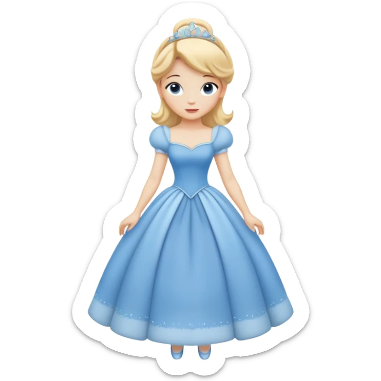 full body Cinderella with blue dress and blonde hair, showing entire figure from head to feet, minimal style sticker