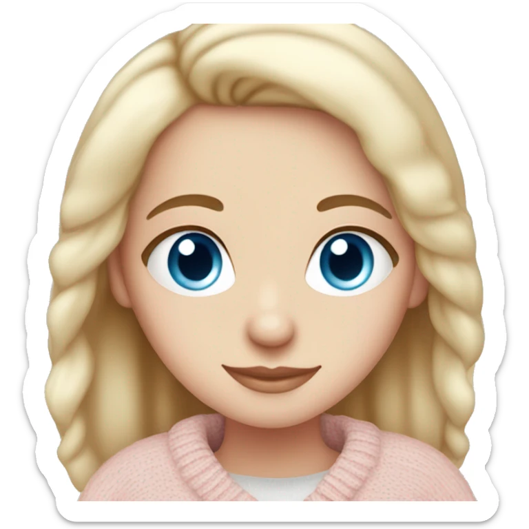 Pretty blue eyed white girl with light pink sweater reading cozy sticker